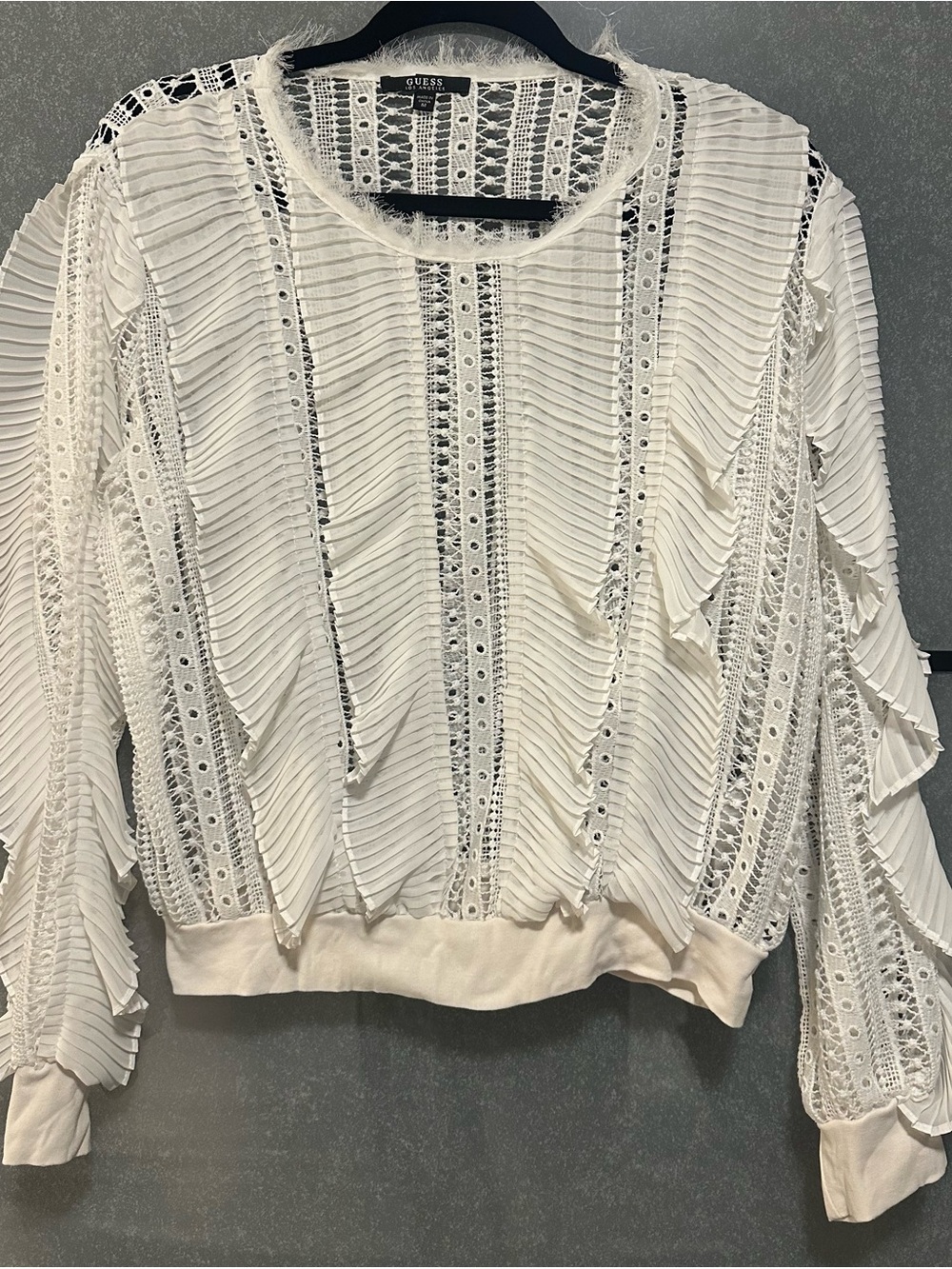 GUESS White Ruffle see through Long Sleeve Top